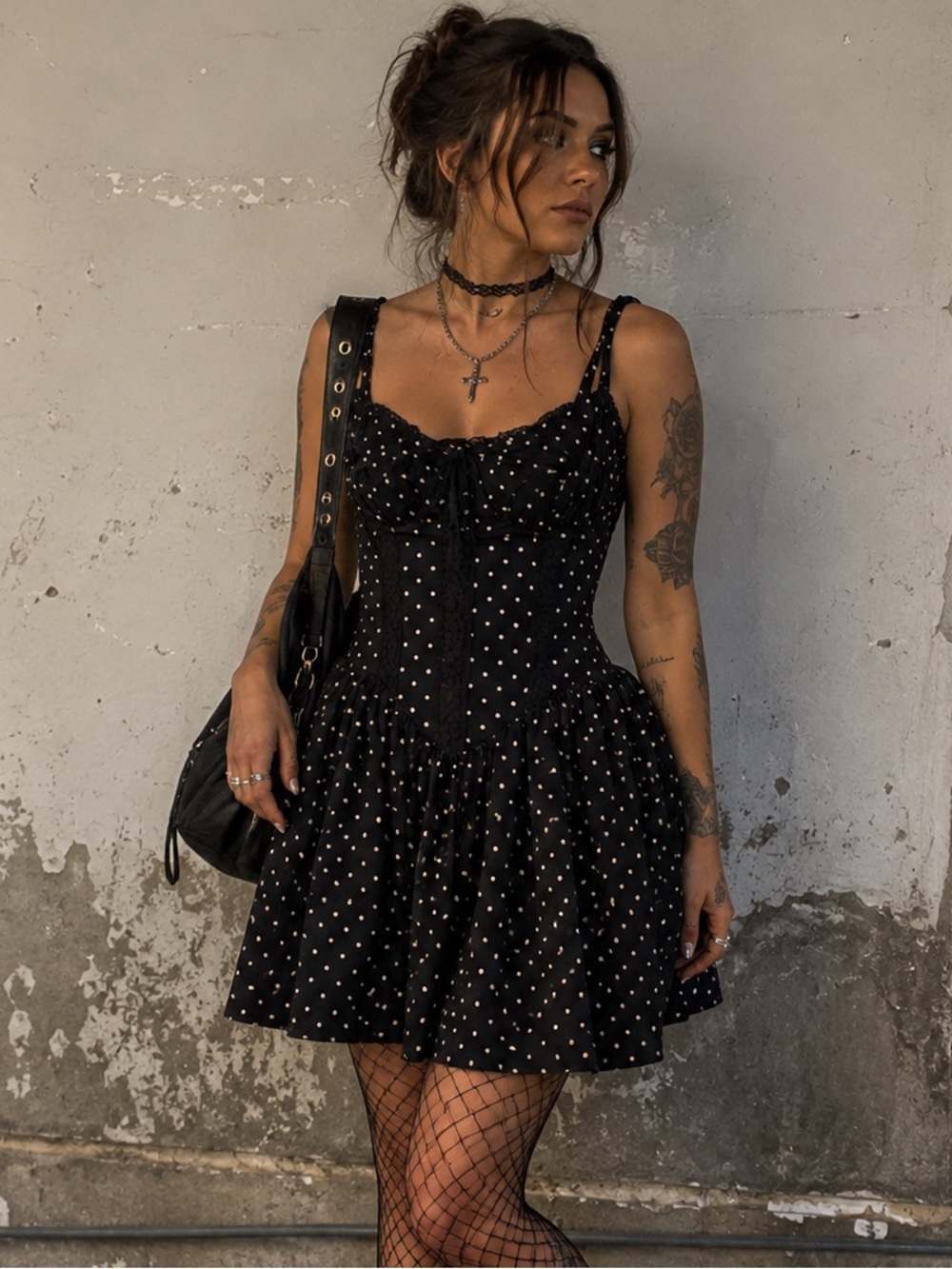 Corset style Black Polka Dot Spaghetti Strap Dress
